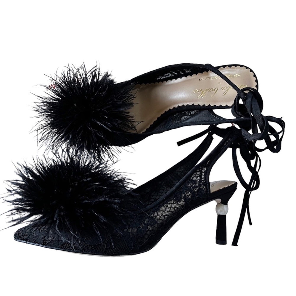 Antonio Melani NWT x Nicola Bathie Claire Ostrich Feather Ankle Wrap Heel - Picture 2 of 7